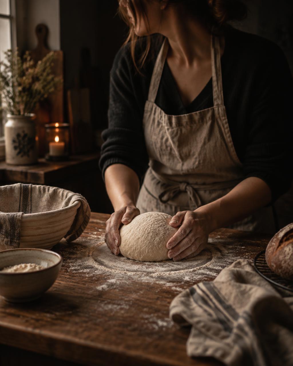 A home baker shaping sourdough dough on a floured wooden counter