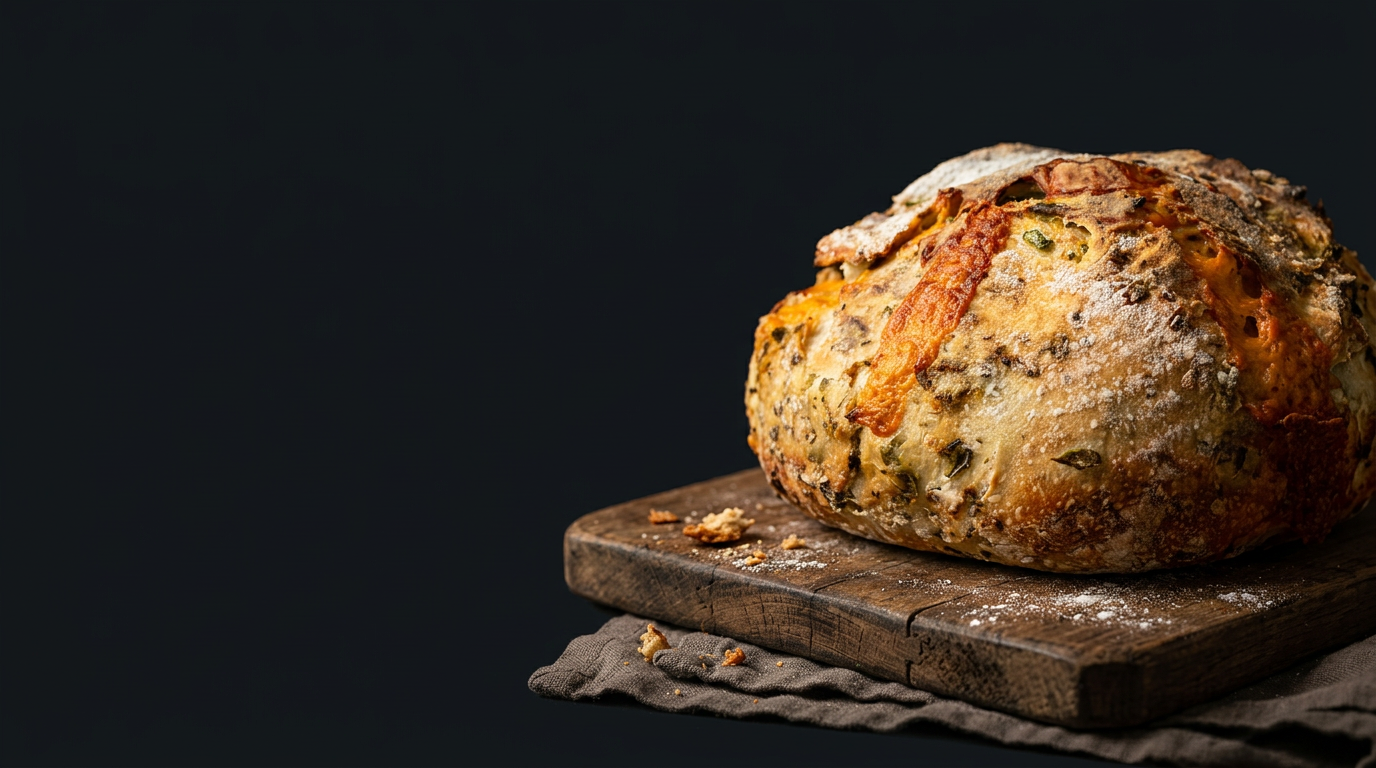 A golden jalapeño cheddar sourdough boule on a rustic wooden board