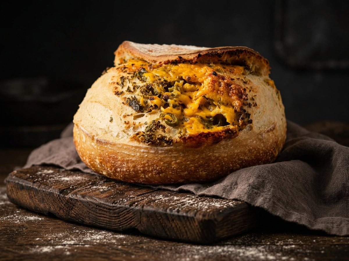 A cheesy green chile sourdough boule on a rustic wooden board